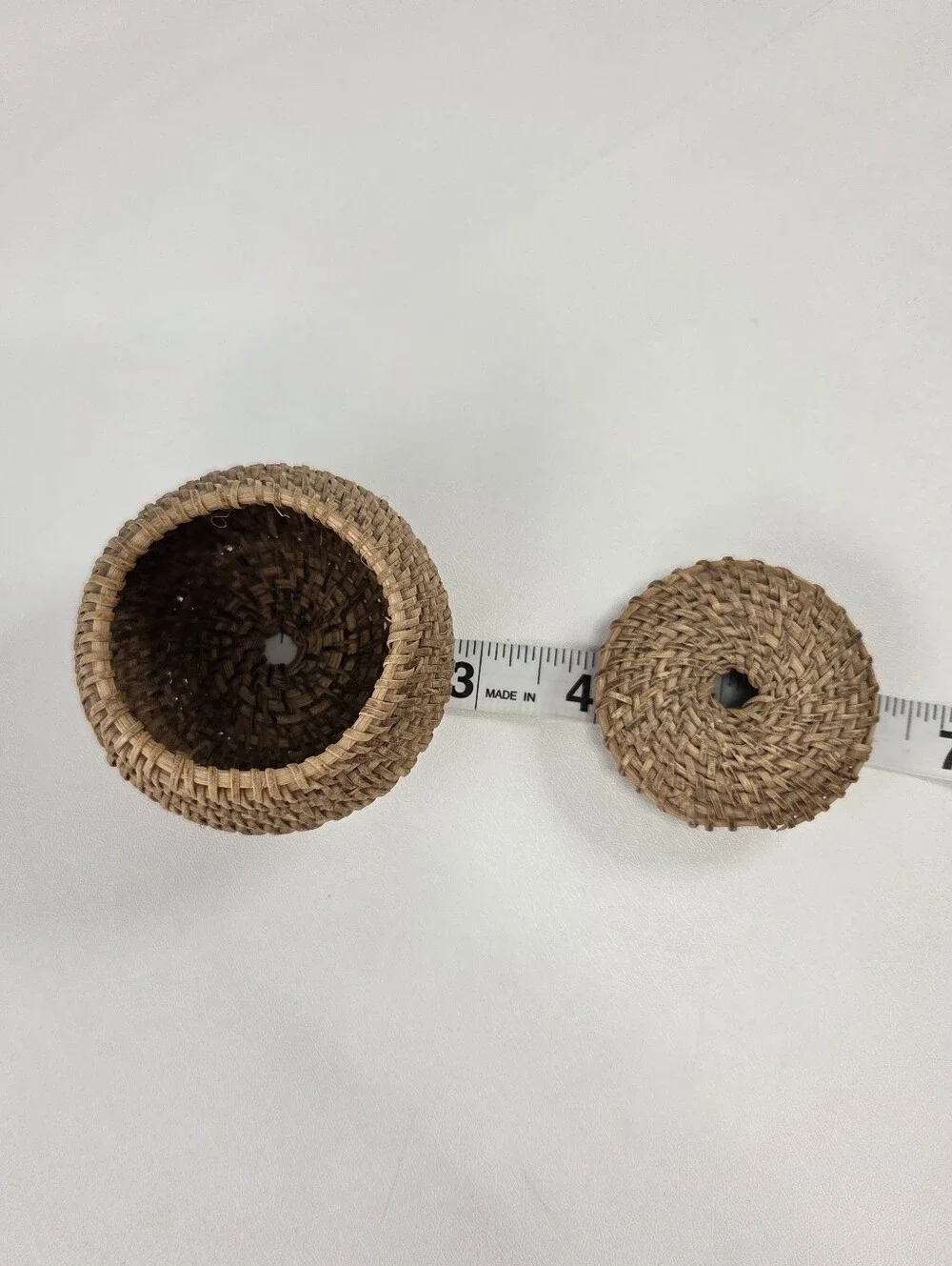 Vintage Miniature Basket, Woven Rattan Lidded Coiled String Holder